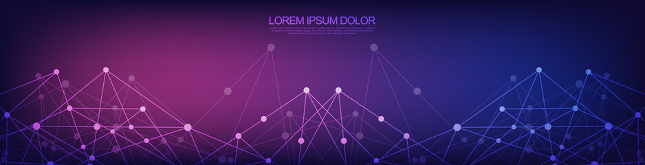 Website header or banner design with abstract geometric background and connecting dots and lines. Global network connection. Digital technology with plexus background and space for your text.