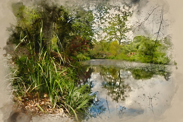 Digital watercolour painting of Stunning landscape image of old medieval bridge over river with mirror like reflections of countryside