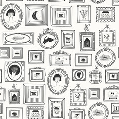 Aufkleber - Various doodle frames with pictures. Different shapes. Simple logos. Minimalistic design. Outline drawing. Hand drawn vector seamless pattern. Perfect for wallpapers