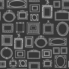 Aufkleber - Various white doodle frames. Different shapes. Simple logo. Minimalistic design. Outline drawing. Hand drawn vector seamless pattern. Perfect for wallpapers. Black background