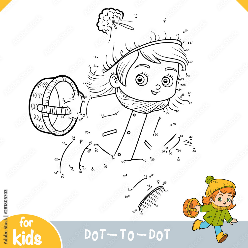 Numbers Game Education Dot To Dot Game Cartoon Little Girl With A Basket For Mushrooms Fototapeta Na Wymiar Bajecznefototapety Pl