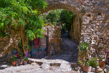 Wall Mural - A narrow alley in the medieval village of Bussana Vecchia, former ghost town in Ligurian Riviera with stone buildings ruined from an earthquake in 1887 and now repupolated by artists, Imperia, Italy