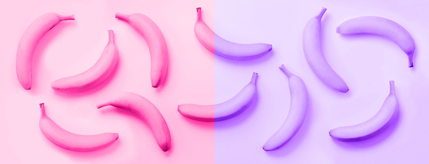 Wall Mural - chaotic colorful fruit pattern. bananas over neon violet and pink color background. banner. top view