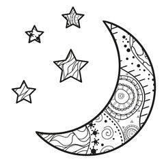 Wall Mural - Crescent moon with stars with abstract patterns on isolation background. Design for spiritual relaxation for adults. Black and white illustration for anti stress colouring page