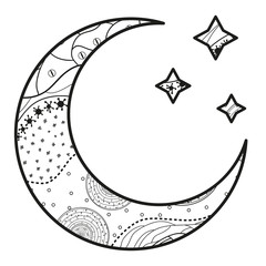 Wall Mural - Crescent moon with stars with abstract patterns on isolation background. Design for spiritual relaxation for adults. Black and white illustration for anti stress colouring page