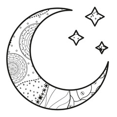 Wall Mural - Crescent moon with stars with abstract patterns on isolation background. Design for spiritual relaxation for adults. Black and white illustration for anti stress colouring page