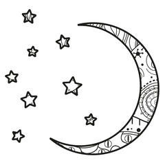 Wall Mural - Crescent moon with stars with abstract patterns on isolation background. Design for spiritual relaxation for adults. Black and white illustration for anti stress colouring page