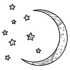 Wall Mural - Crescent moon with stars with abstract patterns on isolation background. Design for spiritual relaxation for adults. Black and white illustration for anti stress colouring page