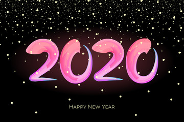 Wall Mural - Happy New Year 2020 colorful hand drawn brushstroke oil acrylic paint lettering calligraphy celebration design template with snow. Vector poster illustration on black background