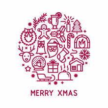 Merry Xmas Icons In Circle Concept. Winter Holidays Greeting Card. Christmas And New Year Symbols.
