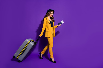 Poster - Profile side full length body size view of nice attractive elegant cheerful cheery wavy-haired lady boarding time journey walking motion isolated on bright vivid shine violet lilac background