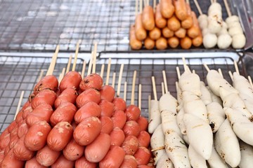 Wall Mural - grilled meatball and sausages at street food