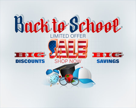 Background design with handwriting and three dimensional texts, cap, alarm clock and apple and for sales of Back to school and commercial events