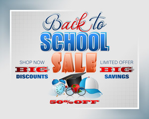 Poster - Background design with handwriting and three dimensional texts, cap, alarm clock and apple for sales of Back to school and commercial events