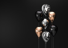 Set Of Black And Gold Foil Balloons With Empty Space. Realistic Background For Birthday, Anniversary, Wedding Congratulation Banners. Festive Template For Social Media. 3D Render Illustration.
