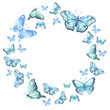 Sketch watercolour for celebration decoration design. Wreath with blue butterflies