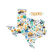 Texas cartoon map vector illustration. Western american state cities, landmarks, tourist attractions and routes names doodle drawings. USA travel infographic poster, banner flat hand drawn design