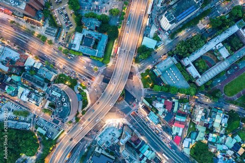 Traffic Circle Aerial View - Traffic concept image, gongguan traffic circle birds eye night view use the drone in Taipei, Taiwan.