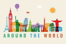 Travel Composition With Famous World Landmarks. Travel And Tourism Concept. Vector