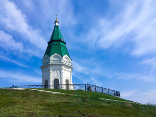 View of the Paraskeva Pyatnitsa Chapel in summer day on the background of sky and clouds in Krasnoyarsk city, Siberia. Background for cards with copy space