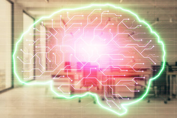 Human brain drawing with office interior on background. Double exposure. Concept of innovation.