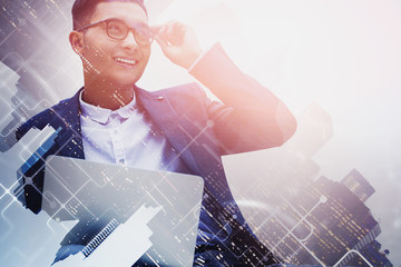 Poster - smiling asian businessman with laptop, network