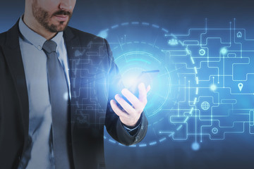 Poster - Man looking at smartphone, HUD interface