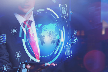 Poster - Man with tablet in city, global business interface