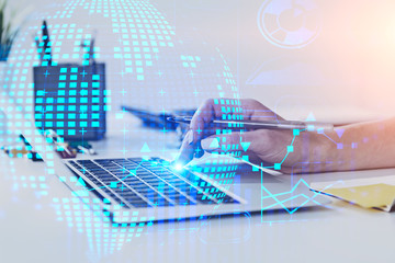 Poster - Woman typing on laptop, global network interface