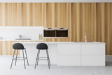 Fototapeta Panele - Wooden kitchen interior with white bar