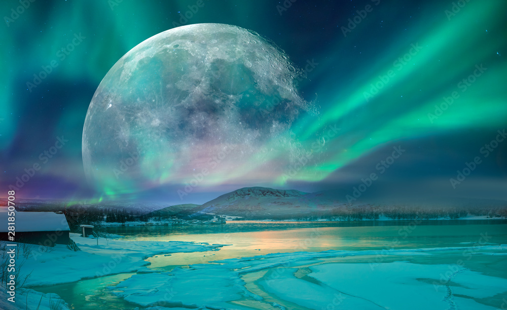 Northern lights (Aurora borealis) in the sky with super full moon - Tromso, Norway "Elements of this image furnished by NASA - obrazy, fototapety, plakaty 