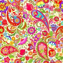 Hippie Vivid Colorful Wallpaper With Abstract Flowers, Hippie Peace Symbol With Rainbow, Butterfly, Pomegranate And Paisley