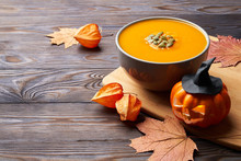 Pumpkin Soup On The Table. Vegan Food. Halloween.