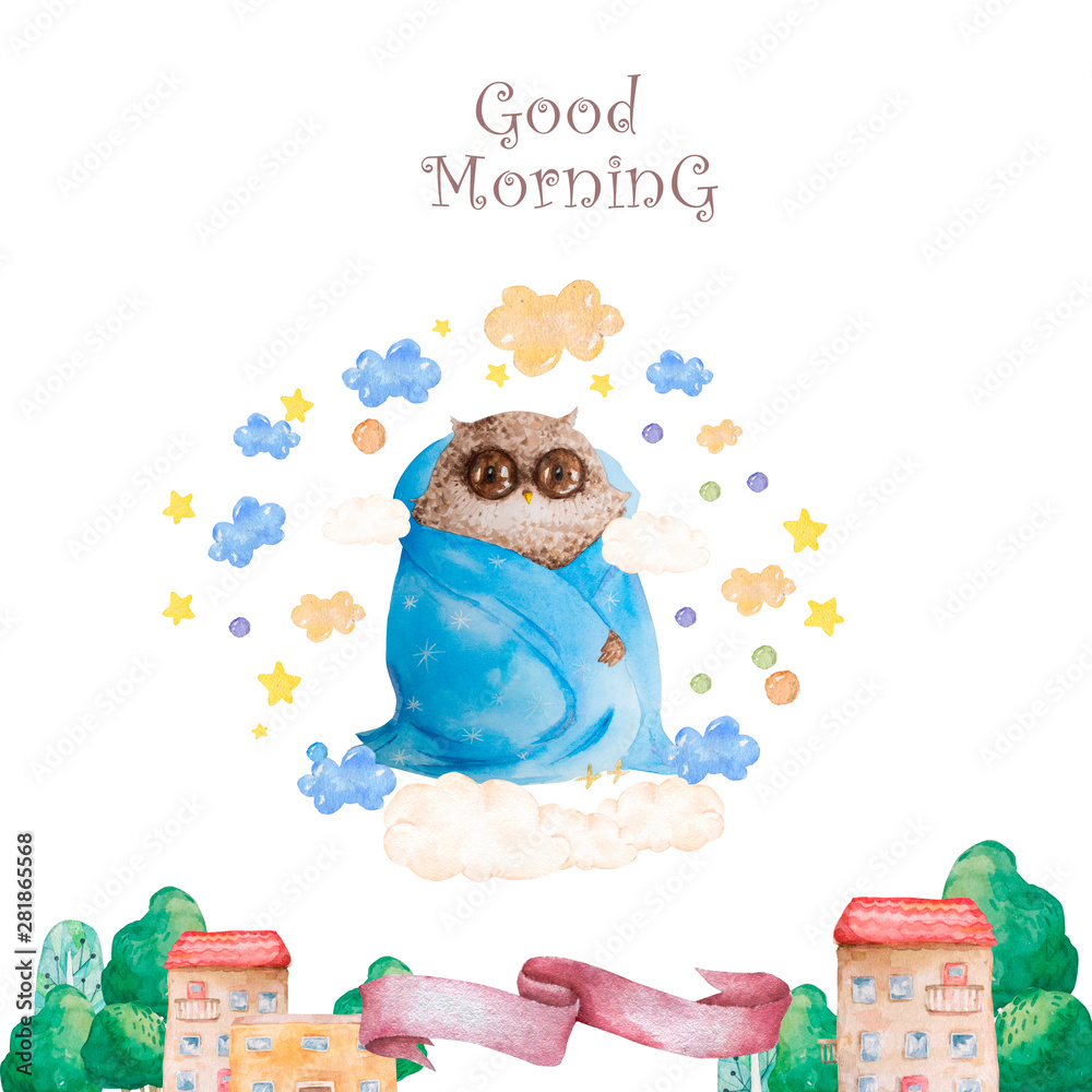 Watercolor cartoon isolated cute baby owl animal with flowers. Forest ...