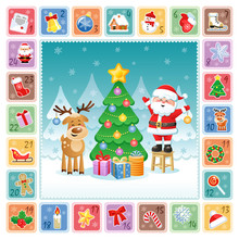 Christmas Advent Calendar With Cute Santa Claus, Deer And Christmas Decorations. Vector Illustration. Flat Design Without Transparency.
