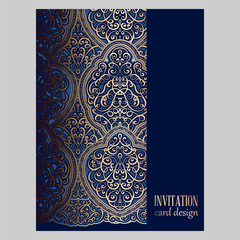 Wall Mural - Wedding invitation card with gold and blue shiny eastern and baroque rich foliage. Ornate brocade background for your design. Intricate design template