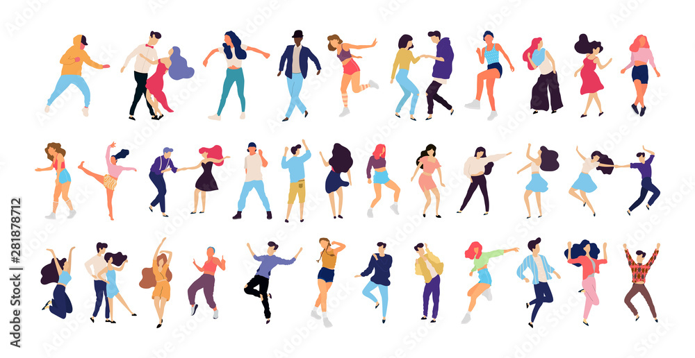 Crowd of young people dancing at club. Big set of characters having fun at party. Flat colorful vector illustration. - Vector - obrazy, fototapety, plakaty 