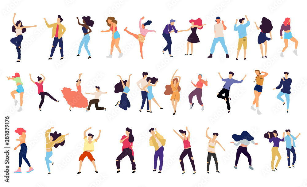 Crowd of young people dancing at club. Big set of characters having fun at party. Flat colorful vector illustration. - Vector - obrazy, fototapety, plakaty 