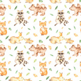 Fototapeta  - Watercolor seamless pattern with cute mother and baby fox, rabbits, bear, raccoon. Texture for wallpaper, packaging, paper, prints, fabric.