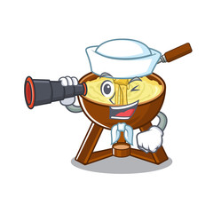 Poster - Sailor with binocular fondue cheese served in cartoon bowl