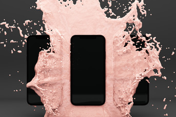 Poster - 3D rendered image of smartphone splashing into pink water on grey background