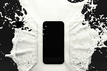 Poster - 3D rendered image of smartphone splashing into milk on grey background