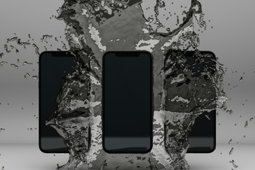 Poster - 3D rendered image of smartphone splashing into water on grey background