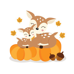 Wall Mural - Cute deer mom and baby on pumkins in autumn.