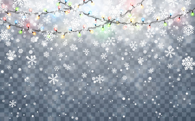 christmas snow. falling white snowflakes on dark background. xmas color garland, festive decorations