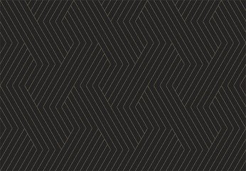 Seamless pattern. Dark and gold texture. Repeating geometric background. Striped hexagonal grid. Linear graphic design