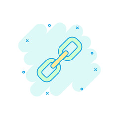 Poster - Chain sign icon in comic style. Link vector cartoon illustration on white isolated background. Hyperlink business concept splash effect.
