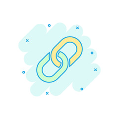 Poster - Chain sign icon in comic style. Link vector cartoon illustration on white isolated background. Hyperlink business concept splash effect.