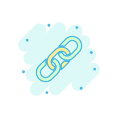 Poster - Chain sign icon in comic style. Link vector cartoon illustration on white isolated background. Hyperlink business concept splash effect.