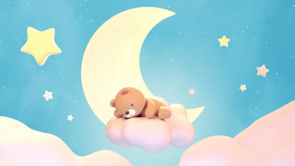 Cute sleeping bear on lake green color background. Beautiful pastel pink clouds, yellow crescent moon, and stars. 3d rendering picture.